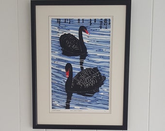The Black Swans of Dawlish. Limited Edition Hand Printed Linocut Design