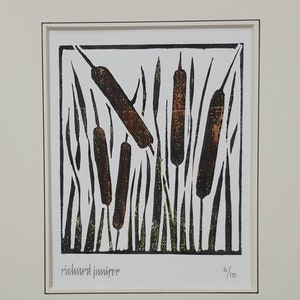 Bullrushes. Hand Printed Limited Edition Linocut Design