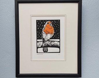 Robin de invierno. Diseño Linocut de edición limitada impreso a mano
