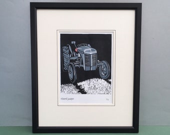 Little Grey Fergie Tractor I. Hand Printed  Reduction Linocut Design