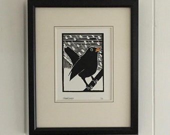 Black Bird White Snow. Hand Printed Limited Edition Linocut Design