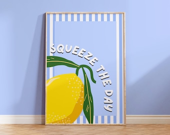 Squeeze The Day | Wall Print, Poster, Kitchen Art, Slogan, Blue, Doodle Print, Cute, Food, Lemon, Zesty, Groovy | 5x7/A5/A4/A3/8x10