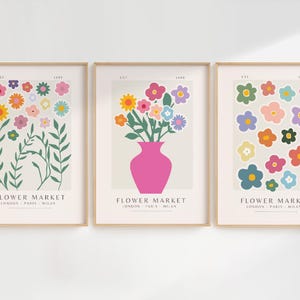Trio of Flower Market Prints - Floral Posters, Gallery Wall, Flower Art, Pink, Cute Boho Prints, Vibrant Set of 3 | A4/A5/A3/A2/8x10/5x7