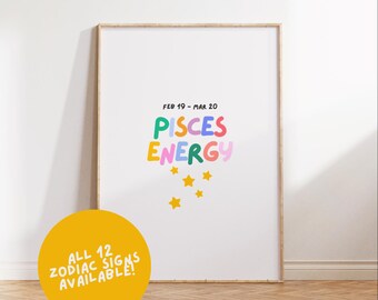 Zodiac Wall Prints | Astrology Posters, Wall Decor, Star Sign, Gift for Her, Birthday, Groovy, Vibrant, Colourful | A2/A3/A4/A5/8x10/5x7
