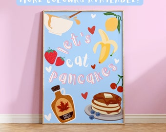 Let’s Eat Pancakes | Wall Print, Poster, Kitchen Art, Slogan, Blue, Doodle Print, Cute, Food, Breakfast, Brunch Club | 5x7/A5/A4/A3/8x10