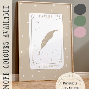 May include: A beige poster with a white frame featuring a tarot card with the number XVIII and the text "The Tortured Poet". The card depicts a feather with a quill. The background is a beige colour with white stars.