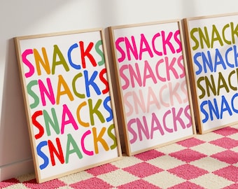 Snacks | Wall Print, Poster, Funky, Kitchen Decor, Colourful, Pink, Slogan, Groovy, Retro, Multicolour, Maximalisr | 5x7/A5/A4/A3/A2/8x10