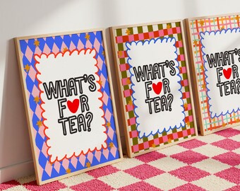 What’s For Tea? | Wall Print, Poster, Funky, Kitchen Decor, Colourful, Pink, Groovy, Retro, Multicolour, Maximalist | 5x7/A5/A4/A3/A2/8x10