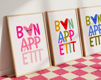 Bon Áppetit | Wall Print, Poster, Funky, Kitchen, Colourful, Pink, Slogan, Groovy, Retro, Multicolour, Maximalisr | 5x7/A5/A4/A3/A2/8x10