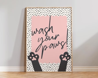 Wash Your Paws! | Wall Print, Poster, Humour, Bathroom Decor, Pink, Slogan Print, Groovy, Cat, Pink, Polka, Pastel | 5x7/A5/A4/A3/A2/8x10