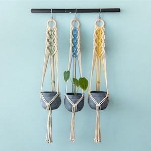 Puede incluir: Tres maceteros colgantes de macramé con anillos de madera, cada uno con un patrón de color diferente: verde, azul y amarillo. Los maceteros están colgados de una barra negra y cada uno contiene una maceta gris con una pequeña planta.
