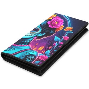 Geldbörsen für Frau Anime Leder Geldbörse Mexiko Dia De Los Muertos Tag der Toten Dias de muertos Art Calavera La Catrina Mexikanischen