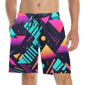 80s Geometric Swim Trunks Men&#39;s Polyester Beach Shorts