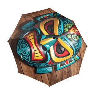 Umbrella Semi Automatic Foldable Tiki Mask Drawing New Zealand
