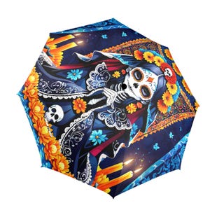 Umbrella Semi Automatic Foldable Mexico Sugar Skull Art Chicano