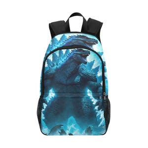 Mochilas escolares de diseño, mochilas de lona, mochilas personalizadas, mochilas de neón con diseño de Godzilla Kaiju de Gojira Art.