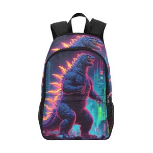 Backpack School Designer Backpacks Canvas Backpack Personalized Backpacks Kaiju Godzillas Comics Sci fi Gojira Neon Godzilla Art Retro
