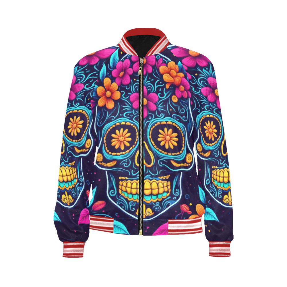 Women's Sugar Skull Bomber Jacket Día De Los Muertos Chicano Style
