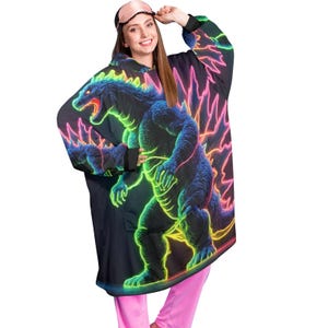 Blanket Hoodie personalized blankets hoodie that is a blanket Retro Godzilla Kaiju Rainbow Godzillas Gojira Neon Art Cartoon