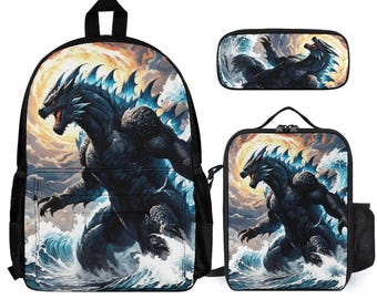 Backpack School Set Godzilla Hand bag Kaiju Pencil Case Godzillas Lunch bag Godzilla rucksack Godzilla Lunch Box Gojira Bag