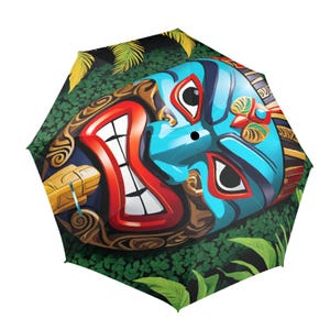 Umbrella Semi Automatic Foldable New Zealand Tiki Mask Drawing