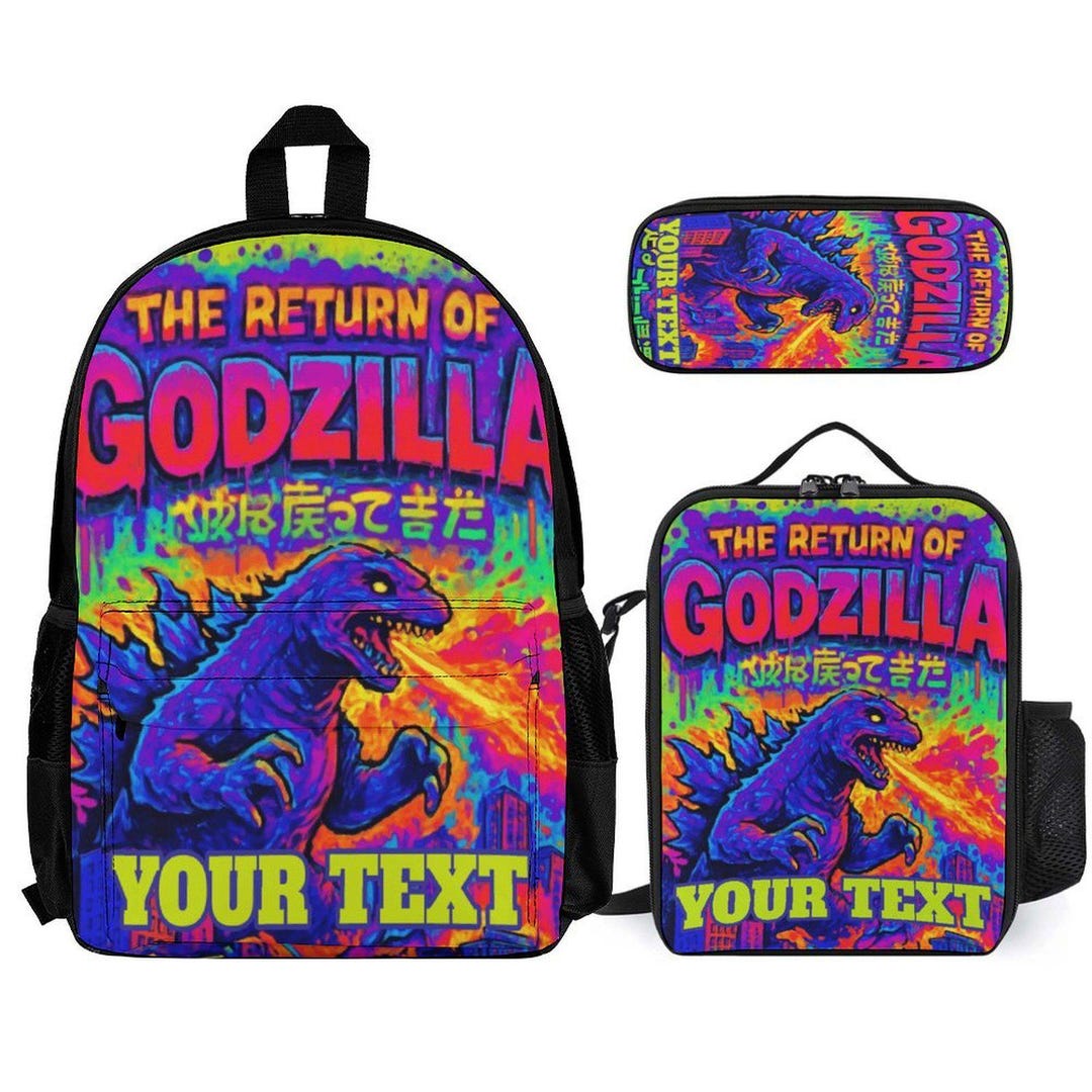 Custom Godzilla Backpack Personalized Godzilla Backpack Set School Rucksack Lunch Bag & Pencil ...