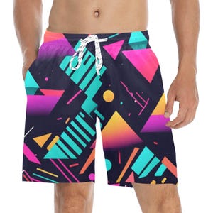 80s Geometric Swim Trunks Retro Beach Shorts
