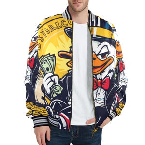 Chaqueta bomber para hombre, chaqueta bomber para hombre, chaqueta de dibujos animados, regalos para amantes de los cómics, dibujos animados de patos y gánsteres.