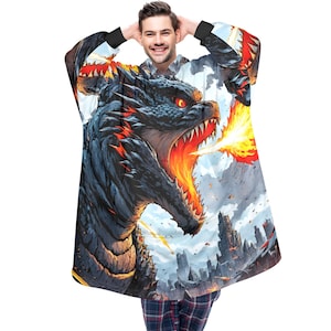 Blanket Hoodie personalized blankets hoodie that is a blanket Godzilla Art Gojira Kaiju Comics Retro Monster Cartoon