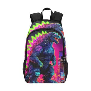 Backpack School Designer Backpacks Canvas Backpack Personalized Backpacks Kaiju Cartoon Godzillas Comics Sci fi Godzilla Art Neon Vintage