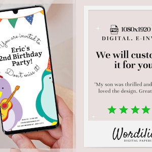 Children Birthday Party Digital Invitation | Kids Penguins Guitar Invite | Download iPhone WhatsApp Facebook SmS | PNG PDF JPG