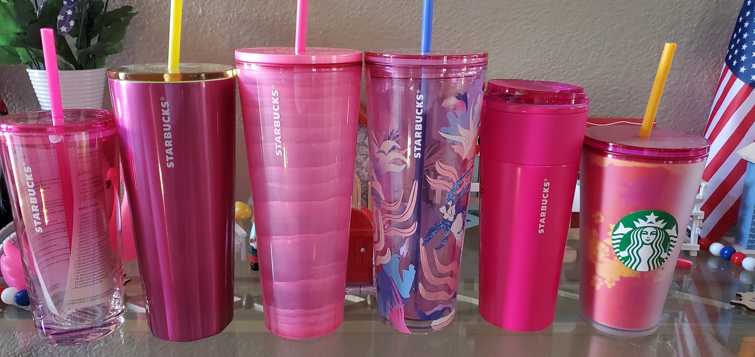 Starbucks Pink Crew Tumblers/cups Bubble Gum Bubble Gum Glass Thru Garden  Vacuum Pink Orange/yellow Floral Puffy Petunia 