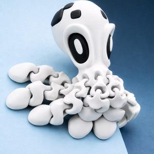 May include: A white octopus-like sculpture with black accents. The sculpture has a rounded head with black spots and large oval eyes. Its tentacles are stylized and curved, with a textured appearance. The background is a gradient of blue.