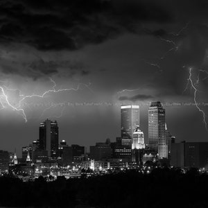 Tulsa Oklahoma Skyline Wall Art during Lightning Storm - Downtown Tulsa, Architecture Art; Cityscape Art; Tulsa Art; Buildings; BW Fine Art