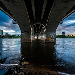 Tulsa Oklahoma Skyline Wall Art in Black & White - Bridges; Storm; Arkansas River; Long Exposure; Fine Art; BW; Downtown Tulsa, Riverside