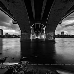 Tulsa Oklahoma Skyline Wall Art in Black & White - Bridges; Storm; Arkansas River; Long Exposure; Fine Art; BW; Downtown Tulsa, Riverside