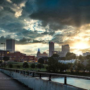 Tulsa Oklahoma Skyline Wall Art; Sunset; Downtown Tulsa, Architecture; Cityscape Art; Tulsa Art; Buildings; Fine Art; Moody; Arkansas River