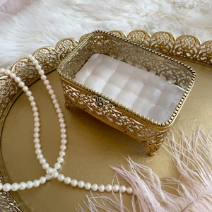 Elegant Vintage Pink & Gold Ormolu Trinket Box: Romantic Decor for Jewelry Storage