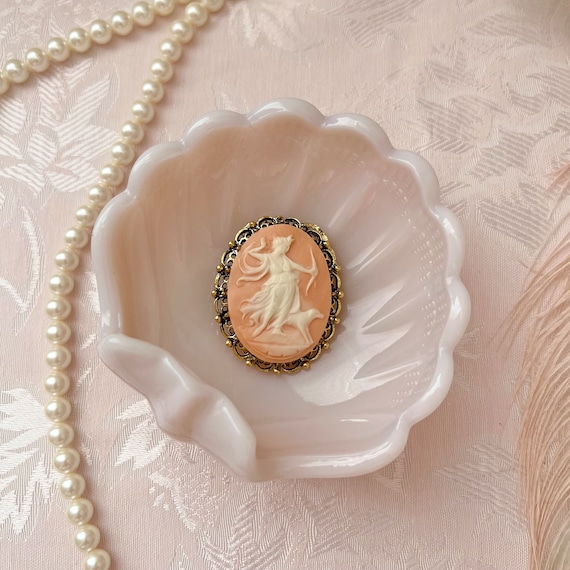 Vintage Peach Artemis Cameo Pin Pendant - Rococo Victorian Regency Jewelry Wedding Gift Goddess Charm