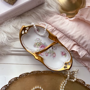 Vintage Limoges Double Dish: 24K Trim Jewelry Organizer, Planter, 2nd Anniversary Gift
