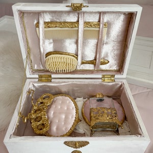 Rare Parisian Chest with Antique Vanity Set 24k gold/ engagement gift box/make up organizer/velvet jewelry box/ballerina music box