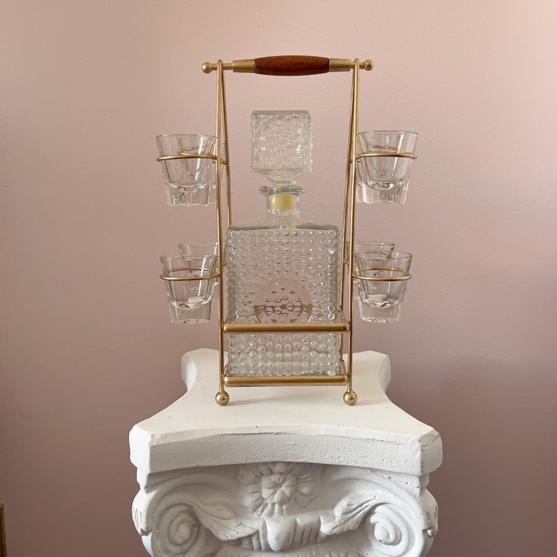 Gorgeous Vintage Gold Whiskey Decanter set/etched whiskey glass/engraved decanter/dinning set/liqueur glasses 