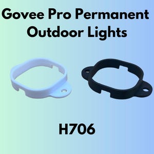 Puede incluir: Dos soportes de montaje para luces exteriores. Uno es blanco, el otro negro. Los soportes tienen forma ovalada con un agujero para el montaje. El texto "Govee Pro Permanent Outdoor Lights" está en la parte superior y "H706" en la inferior.