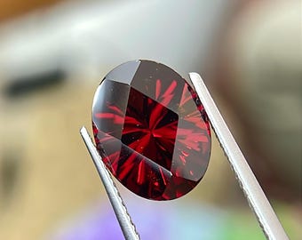 May include: A deep red gemstone with a faceted oval shape, held by tweezers. The gemstone has a star-like pattern in the centre.