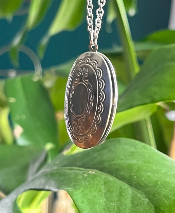 Vintage locket oval 2in pendant silver necklace 2… - image 2