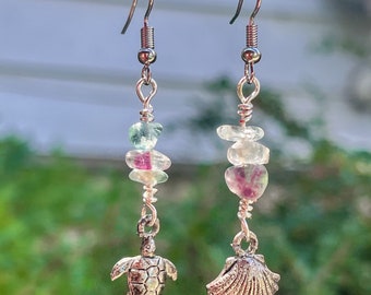 Fluorite Beach Earrings Silver turtle shell boho ocean jewelry vintage recycled crystal natural gemstone earrings handmade