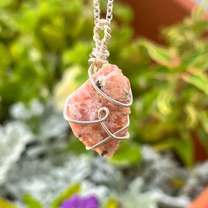 Strawberry Quartz raw Wire Wrap Necklace Pendant  -  Necklace handmade crystal tumble carving - silver necklace
