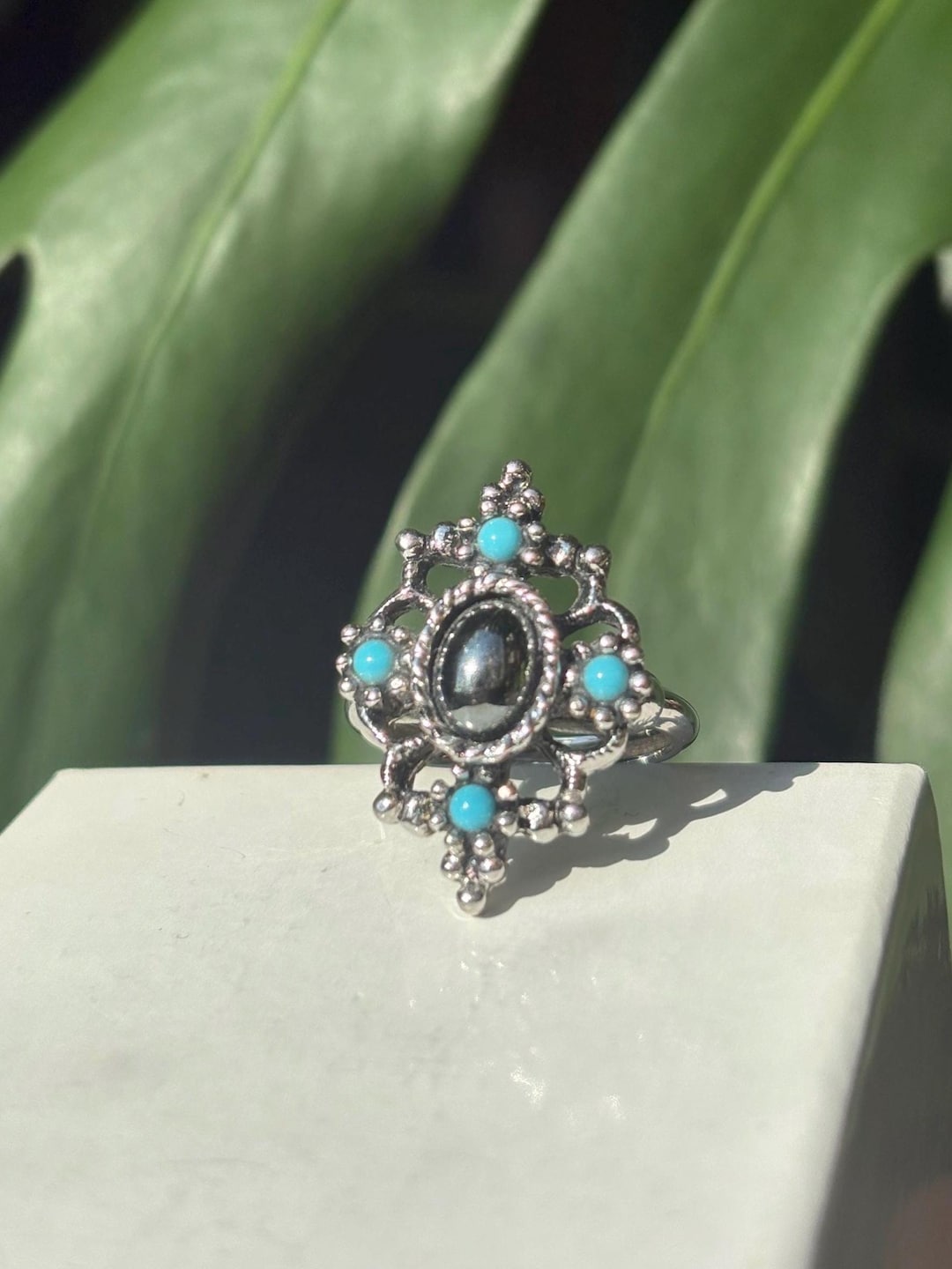 Vintage Avon 1970s Mirabella Silver Hematite Ring Faux Turquoise Points ...