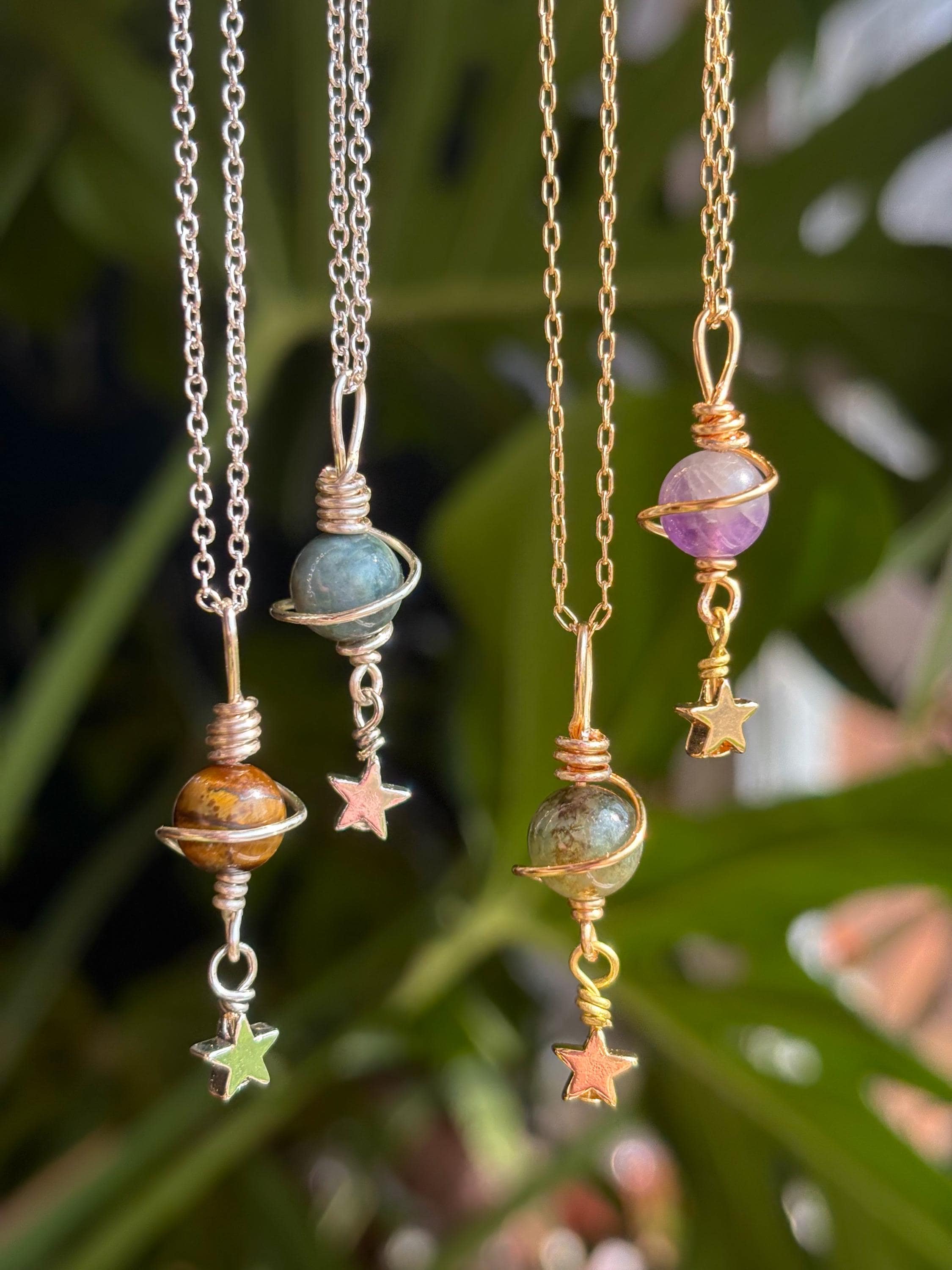 Planet Star Crystal Necklace, Planet Star Gold Silver Necklace, Wire Wrapped Necklace Crystal Jewelry crystal astrology solar system space