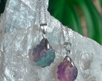 Rainbow Fluorite Sun S925 Pendant Necklace silver 925 faces sun choker gift sun blue purple fluorite sun sol necklace crystal charm jewelry